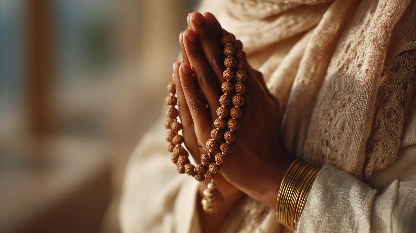 Hands in prayer holding a rudraksha mala, warm natural light