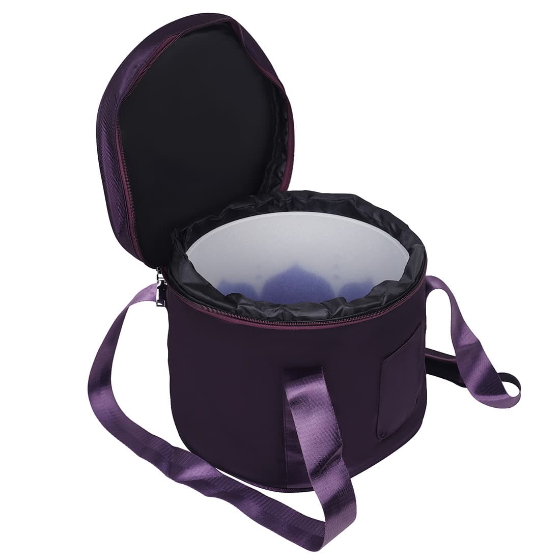 Singing Bowl Carry Bag in purple, shown partially open to reveal the white padded interior liner, with an adjustable shoulder strap attached