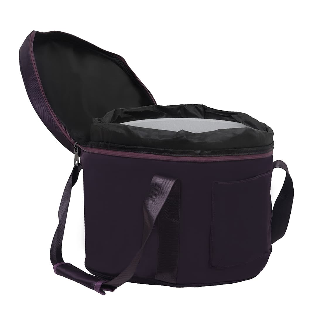 Side view of the purple Singing Bowl Carry Bag with the clamshell zipper top open, white padded liner visible inside