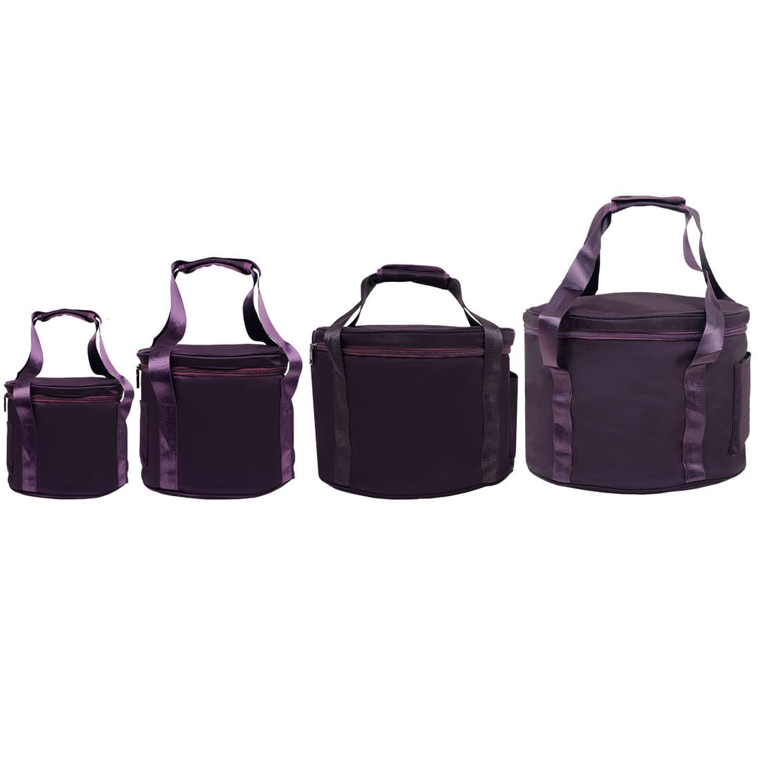 Size comparison photo of the Singing Bowl Carry Bag in four sizes lined up side by side: 6-8 inch, 9-10 inch, 11-12 inch, and 13-14 inch