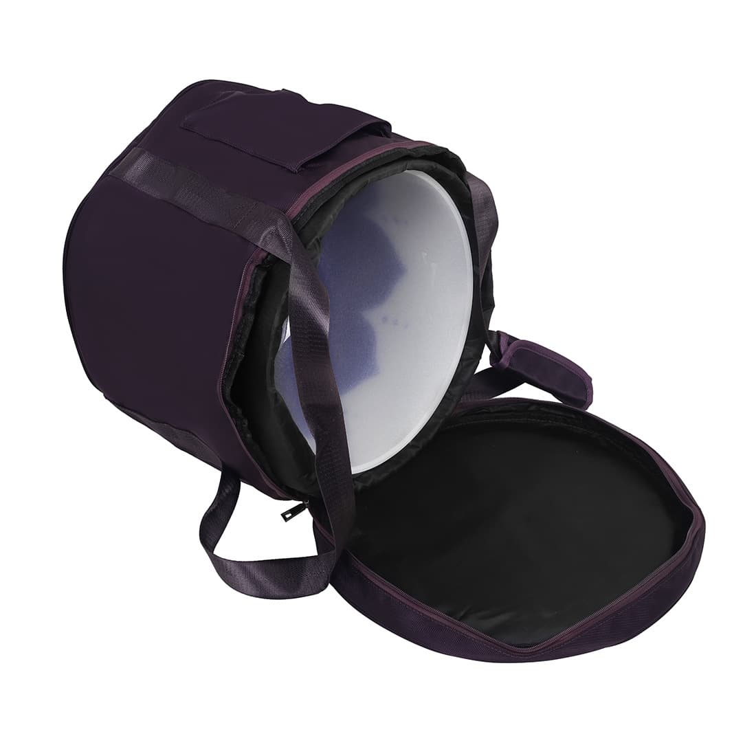 Close-up of the Singing Bowl Carry Bag opened to show the white padded interior liner in detail, with shoulder strap visible