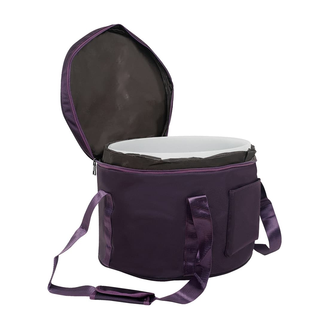 Singing Bowl Carry Bag shown from a three-quarter angle with the lid partially open, white liner visible