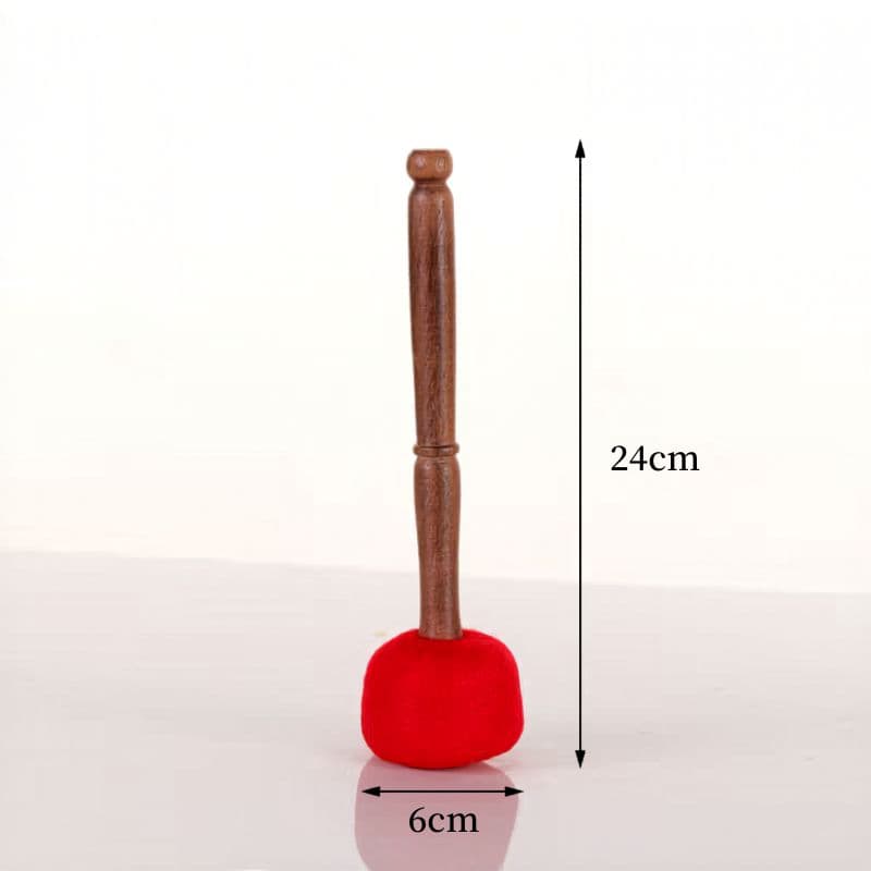 Wool Singing Bowl Mallet standing upright on a white background, showing dimensions of 24cm height and 6cm head diameter